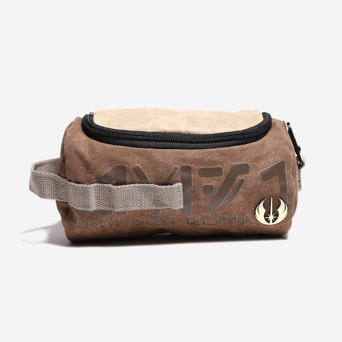 Brown toiletry bag with a logo on a white background