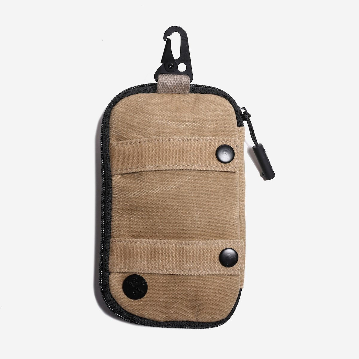 Beige pouch with black zippers and carabiner on a white background