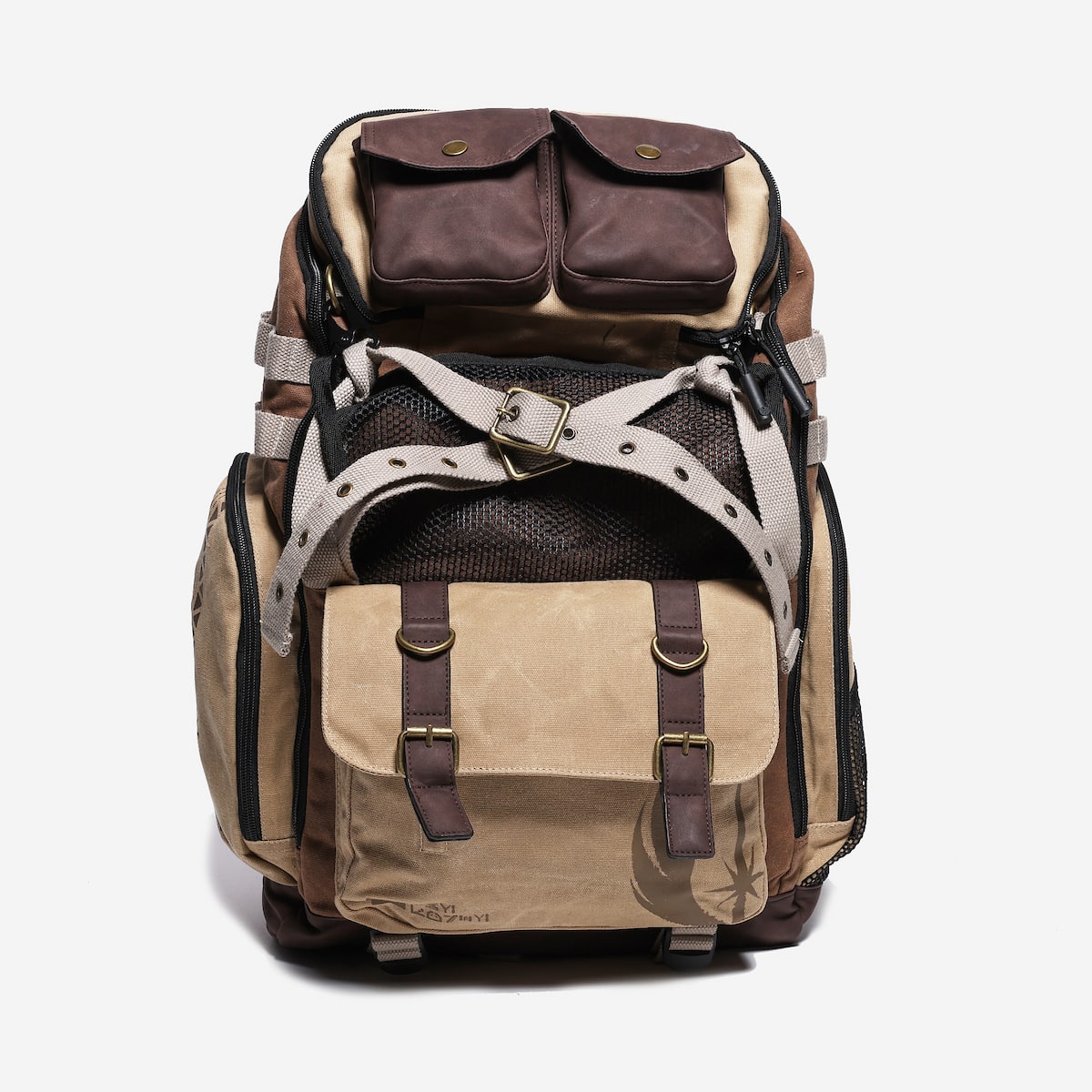 Brown and beige backpack with leather accents on a white background