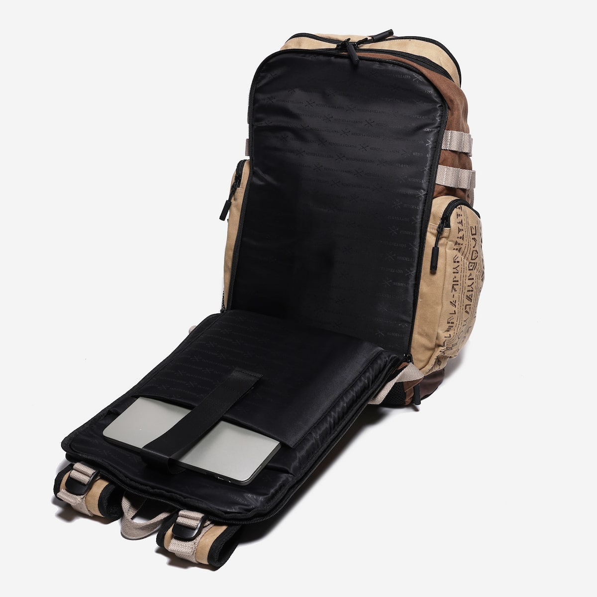 Backpack with a black interior and beige exterior on a white background