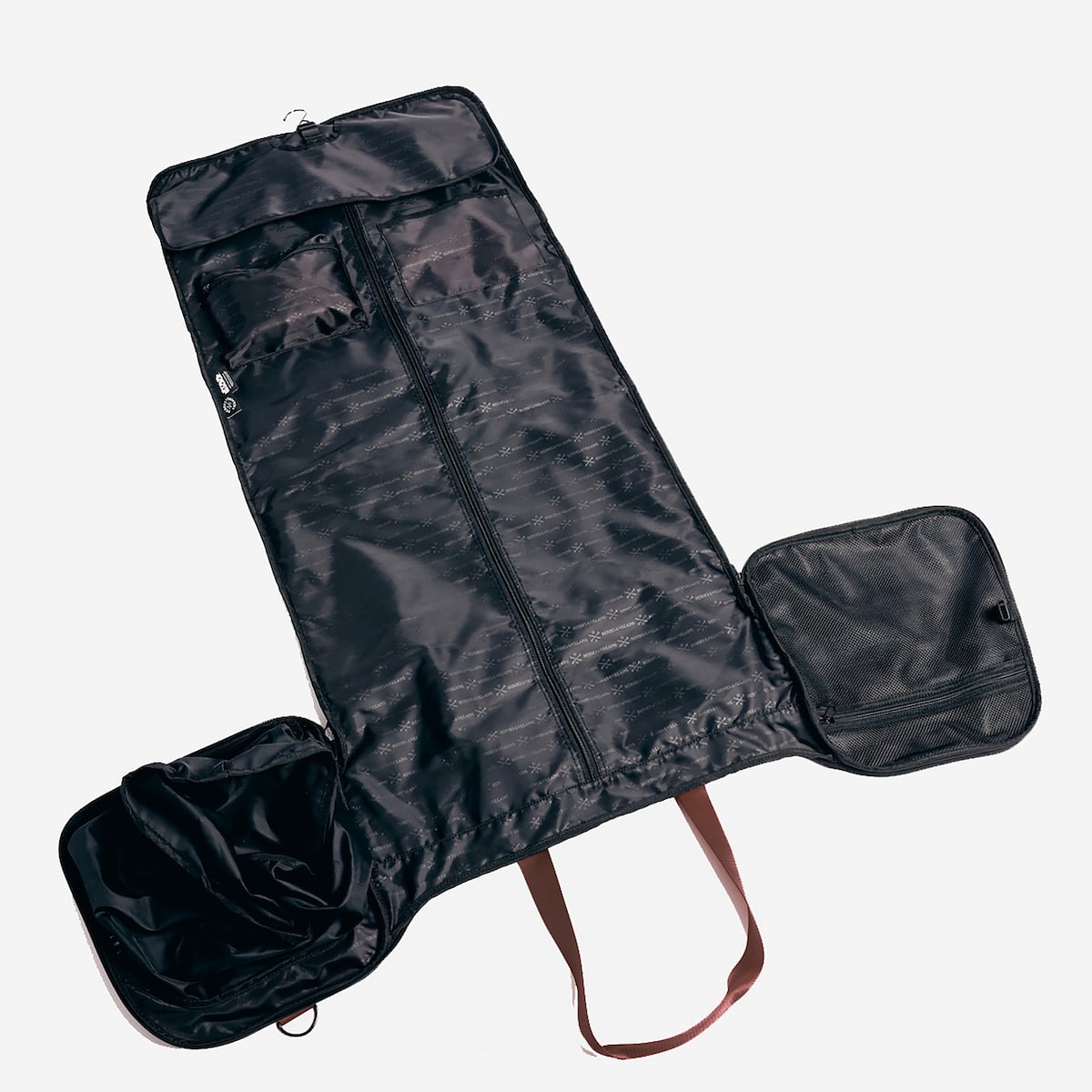 Duffle bag fully unzipped to show the garment bag ready to hang function