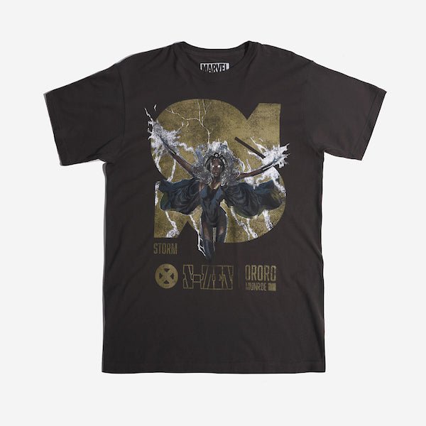 Charcoal Grey T-Shirt with Storm from X-Men in front of a large "S"
