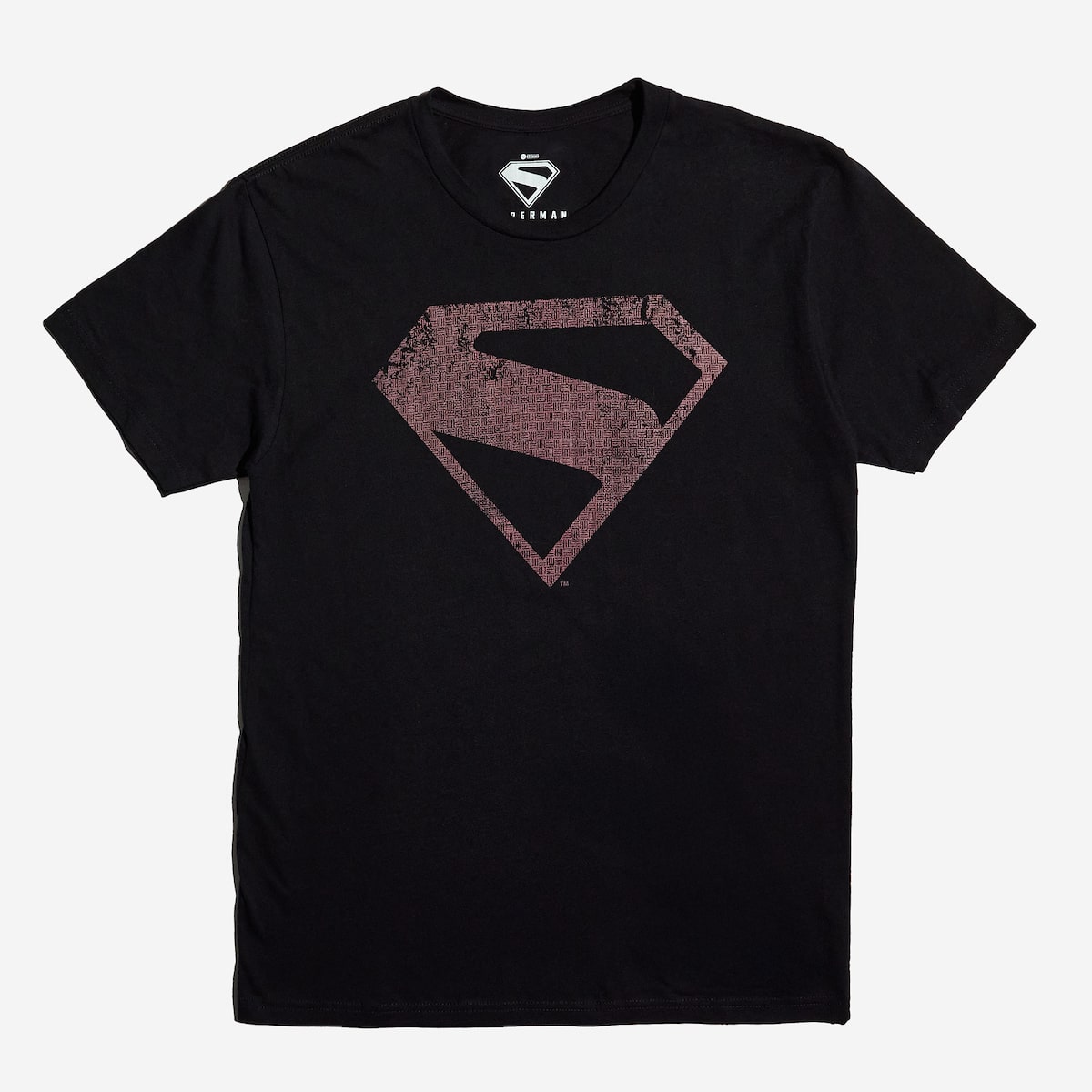 A black t-shirt featuring a large, distressed red Superman logo on the chest.