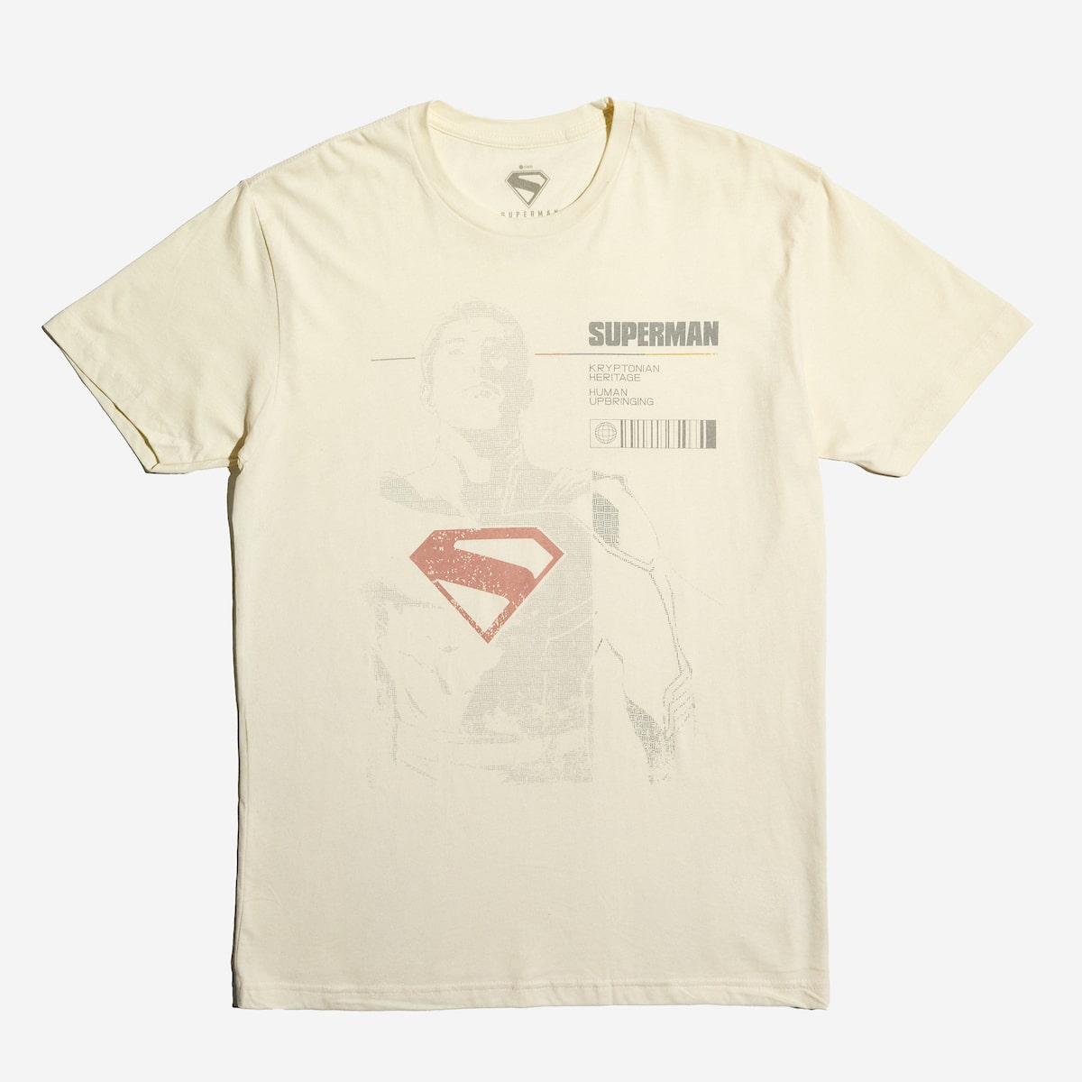 Natural Beige T-Shirt with a faded profile depicting Superman and information about him