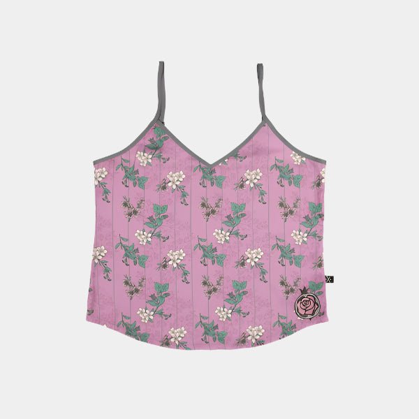 Front view of the Lore Olympus Goddess of Spring Satin Cami in pink with an all-over floral print.
