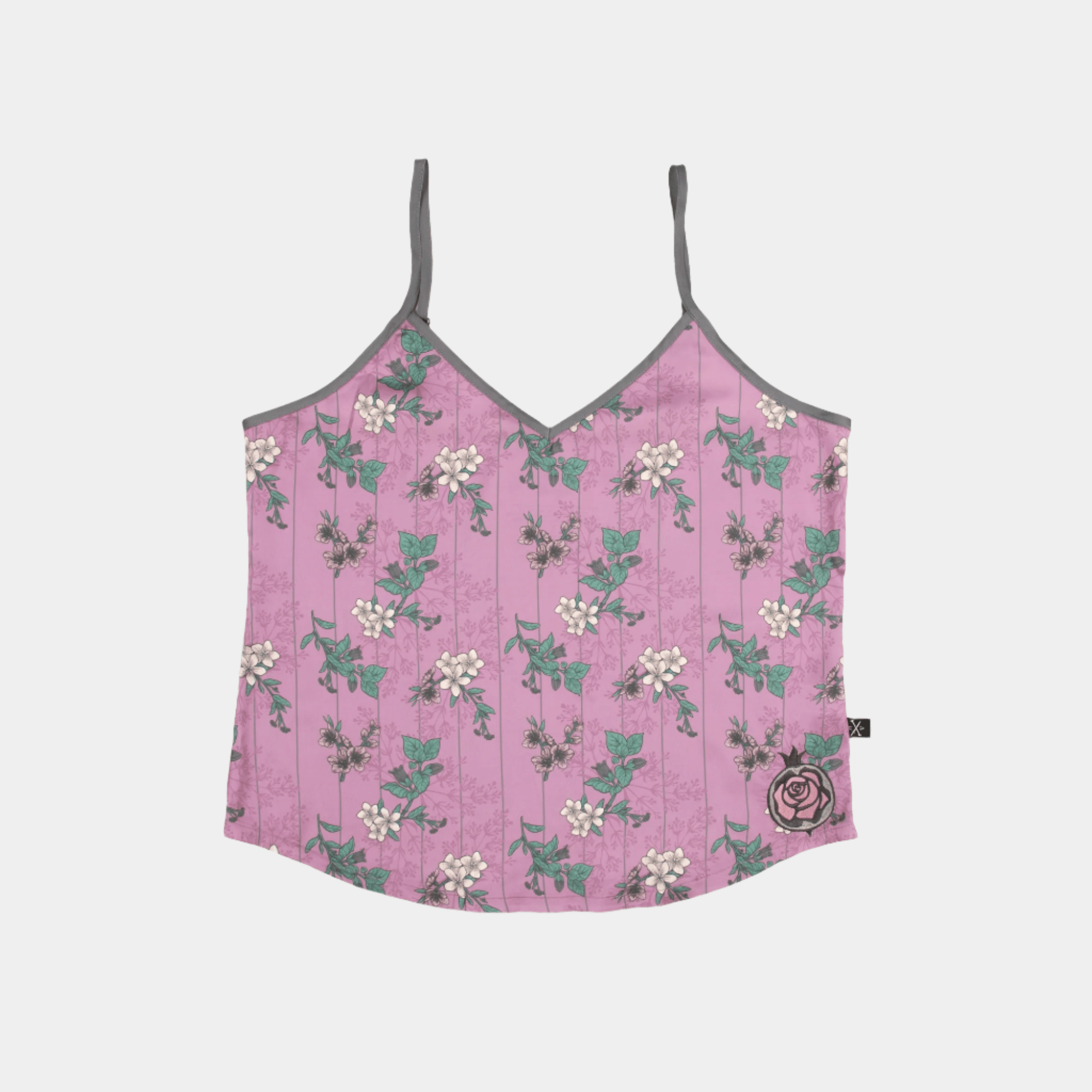 Front view of the Lore Olympus Goddess of Spring Satin Cami in pink with an all-over floral print.