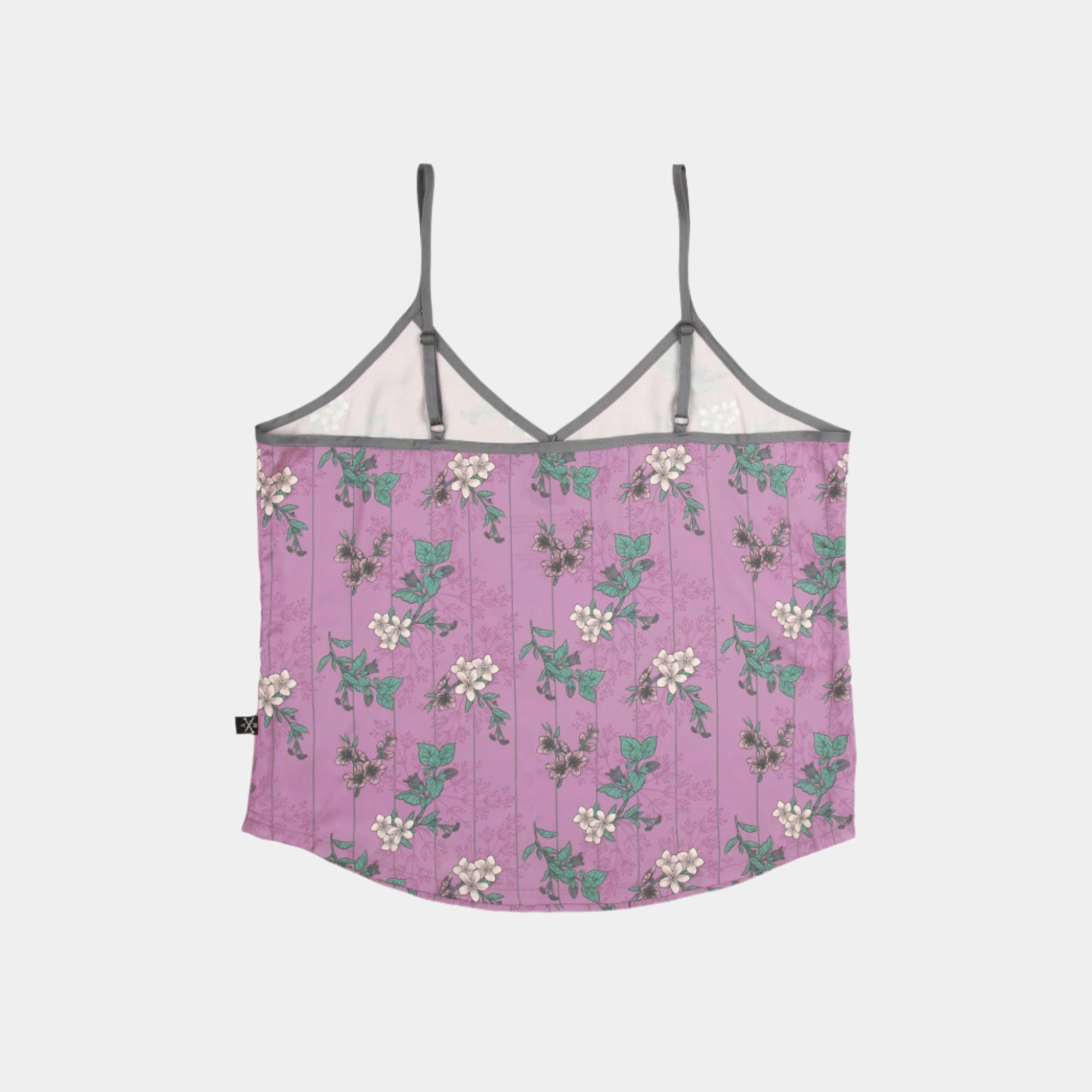 Back view of the Lore Olympus Goddess of Spring Satin Cami in pink with an all-over floral print.