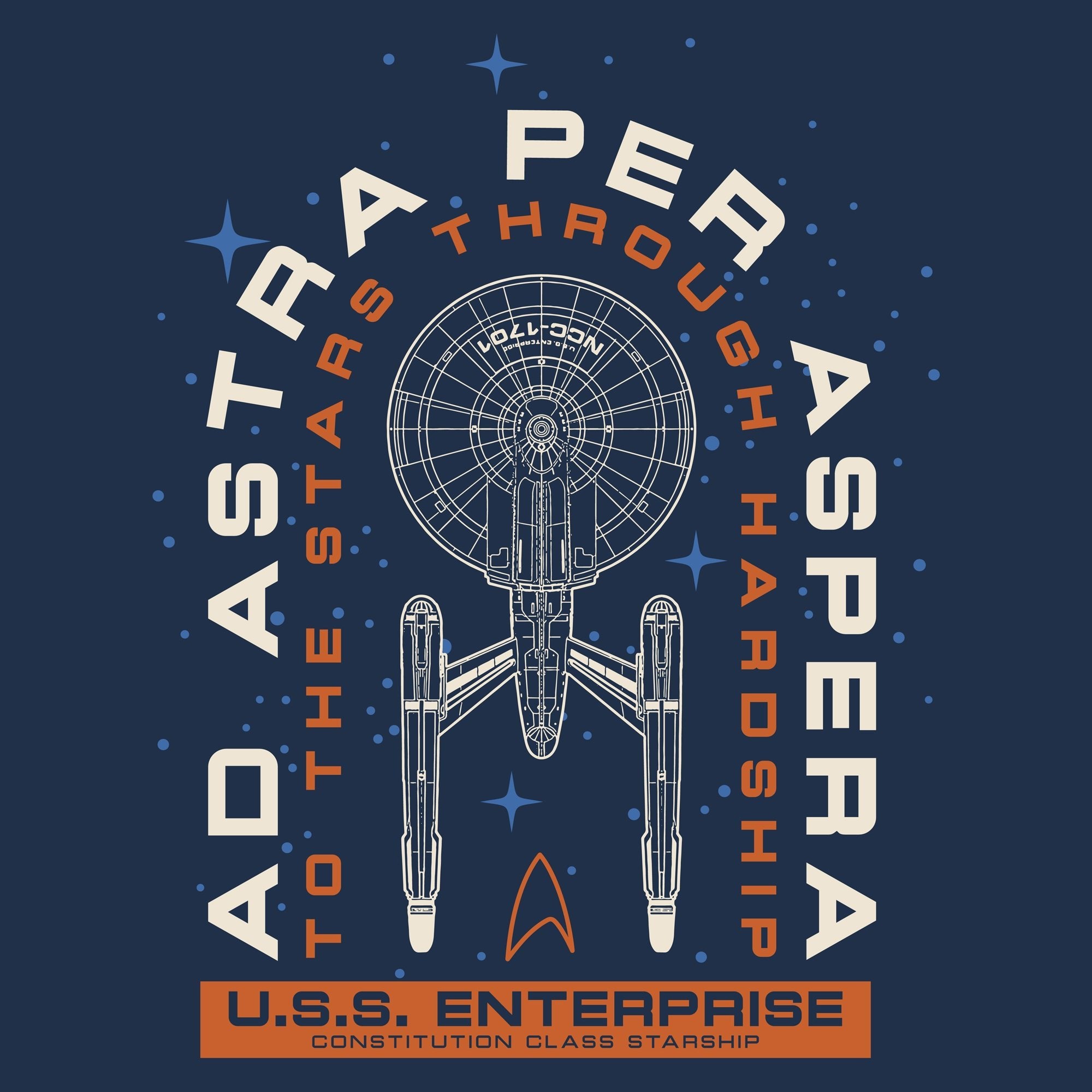 Ad Astra Per Aspera Navy Tee with USS Enterprise print, short sleeve, ribbed crew neck, lightweight Star Trek shirt.