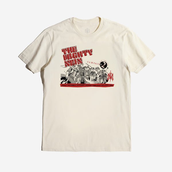 Natural Off-White Short Sleeve Tee Featuring Art of Cartoon Characters representing Critical Roles The Mighty Nein Campaign
