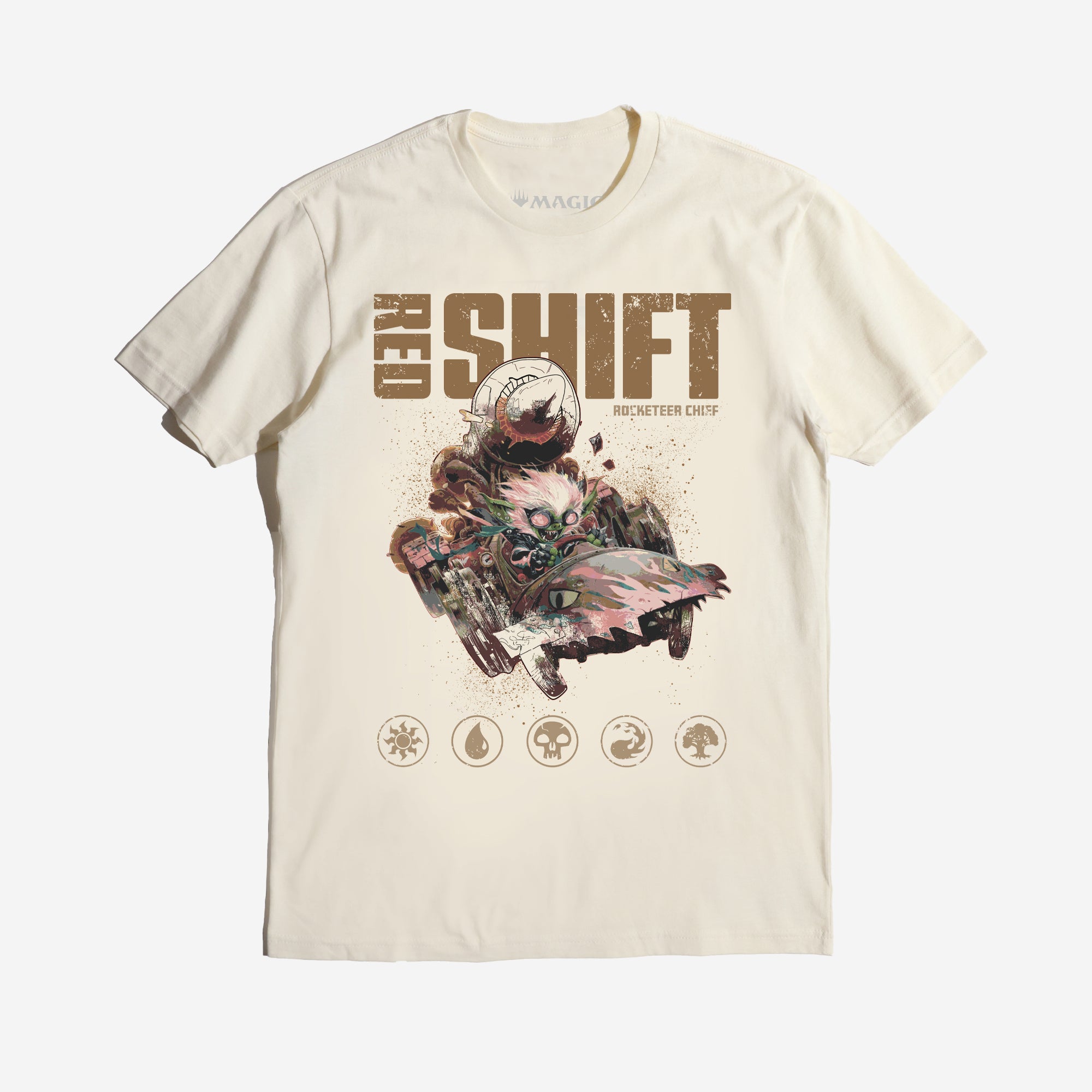 A natural-colored Magic: The Gathering t-shirt featuring Redshift, the Rocketeer Chief, in a chaotic, steampunk-inspired vehicle with a massive rocket strapped to the back. The goblin-like character has wild white hair, glowing eyes, and a mischievous grin as he speeds forward. The distressed artwork includes grunge-style textures, the bold text 'Red Shift' at the top, and Magic: The Gathering mana symbols along the bottom."