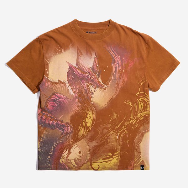 Orange T-shirt featuring a colorful, stylized image of a dragon with abstract, swirling designs.