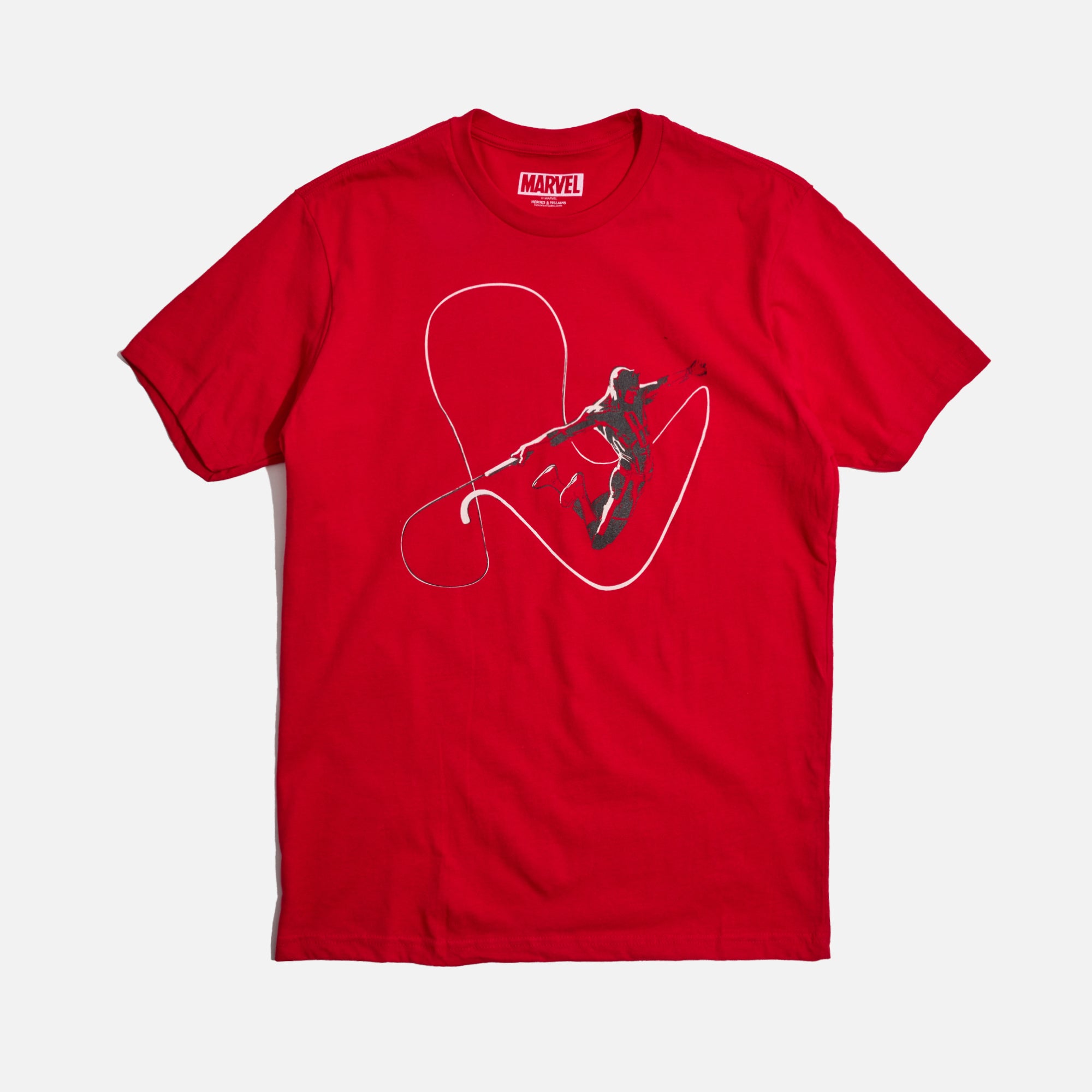 Dynamic graphic tee featuring a striking silhouette of Daredevil in mid-air, outlined by his signature billy club linework. The bold red background enhances the action-packed design, capturing the essence of Hell’s Kitchen’s guardian.
