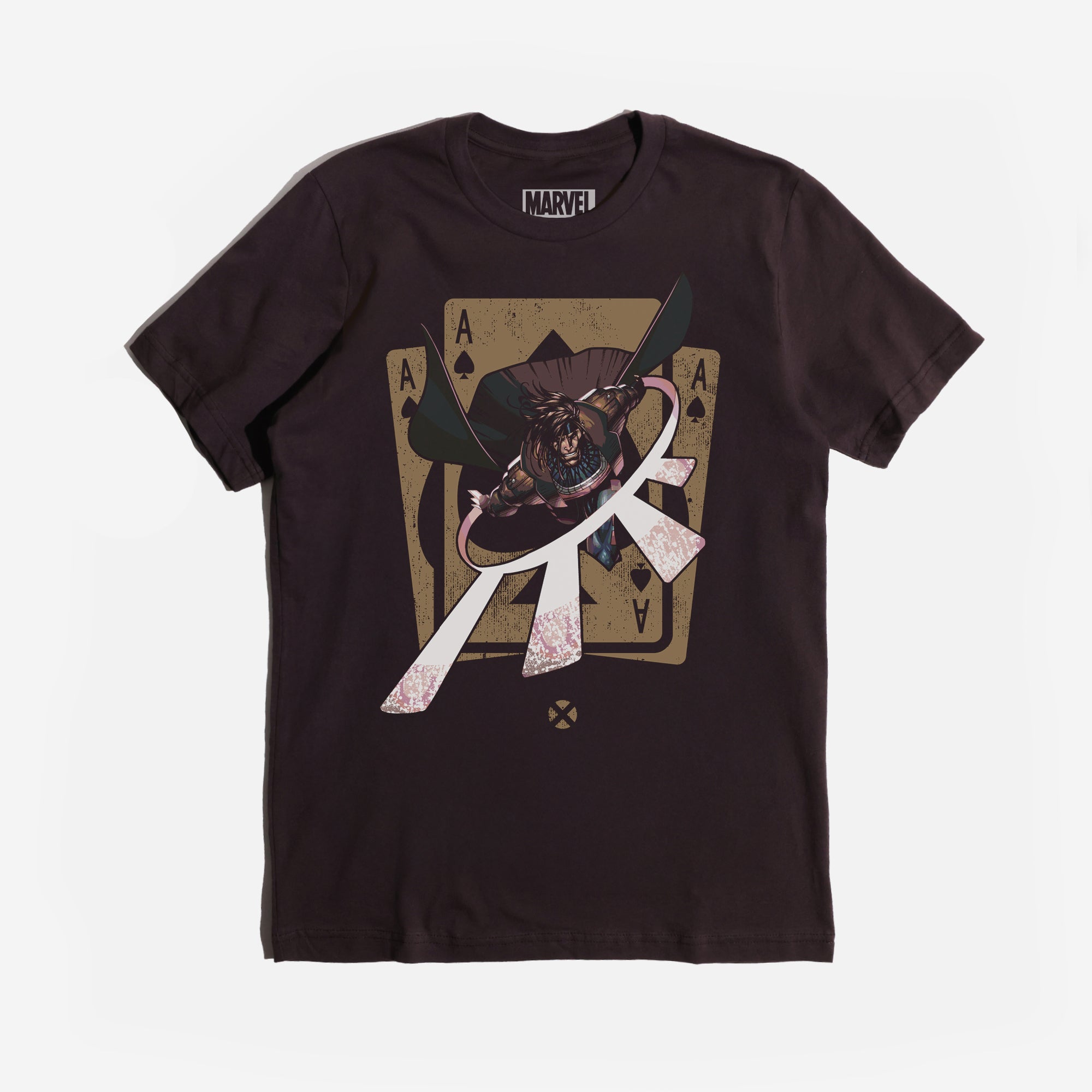 A brown X-Men Gambit T-shirt featuring a bold graphic of Gambit throwing charged playing cards, framed by vintage-style detailing. The design highlights his classic trench coat and glowing kinetic energy.
