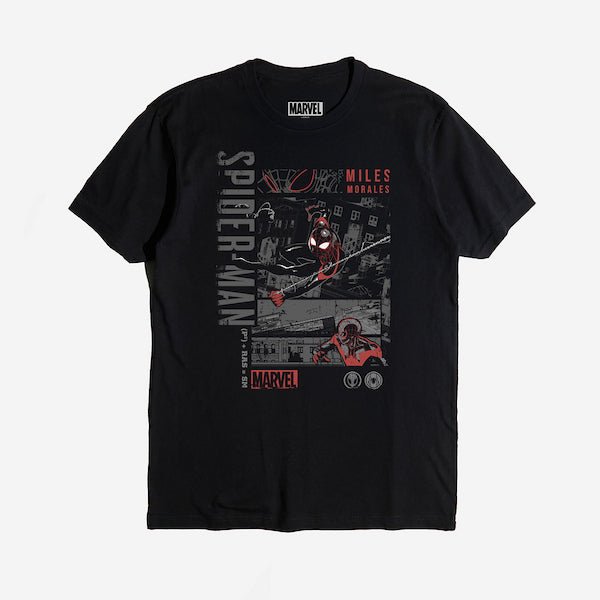 Black T-shirt showing Miles Morales swinging over city streets with comic-style panels and "Spider-Man" text.