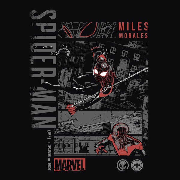Artwork showing Miles Morales swinging over city streets with comic-style panels and "Spider-Man" text.