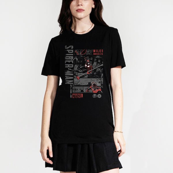 Woman in a Black T-shirt showing Miles Morales swinging over city streets with comic-style panels and "Spider-Man" text.