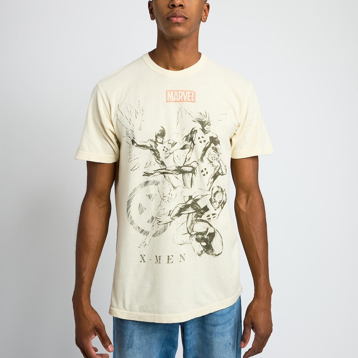 Person wearing a Marvel t-shirt with X-Men graphic design