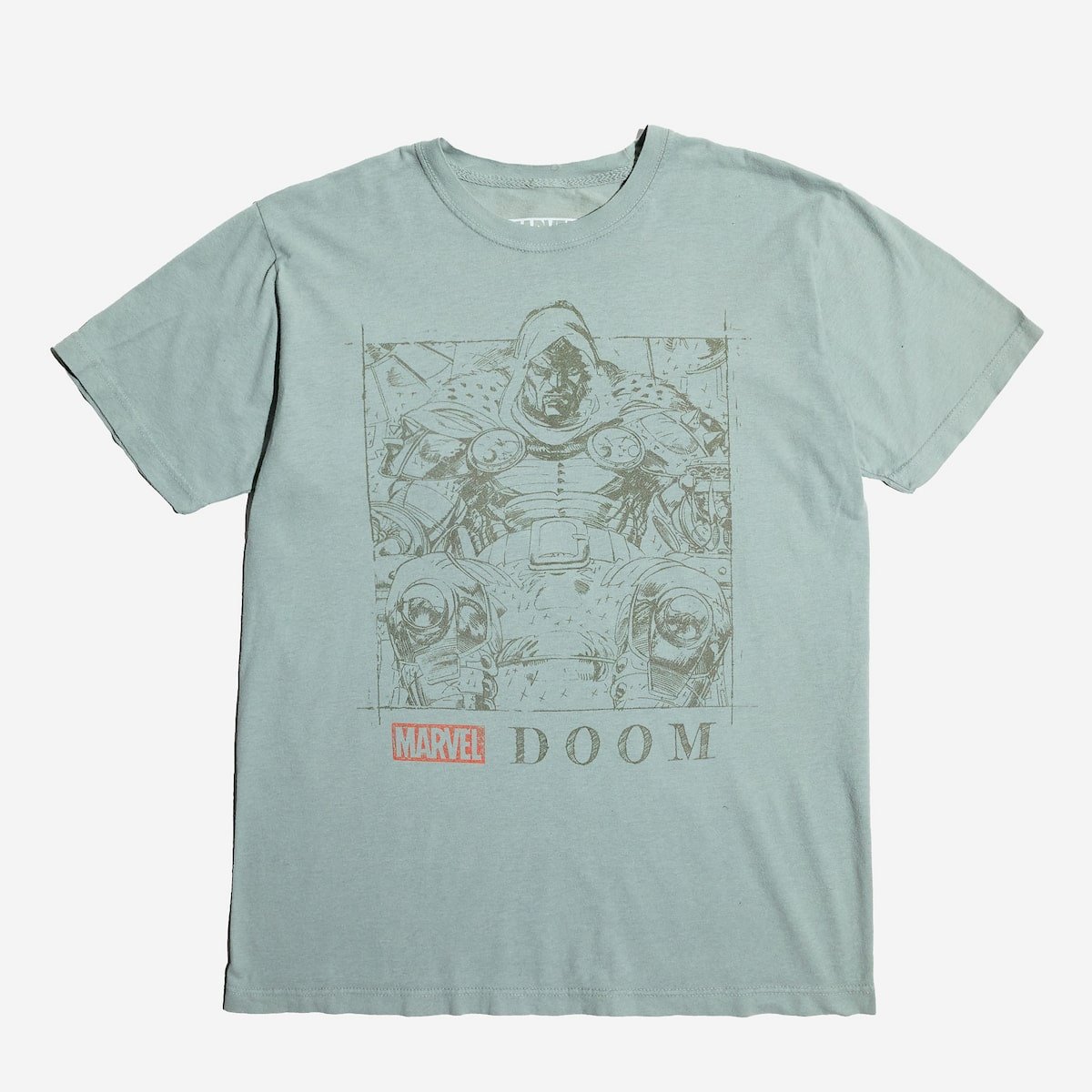 Light blue t-shirt with Marvel Doom graphic on a white background