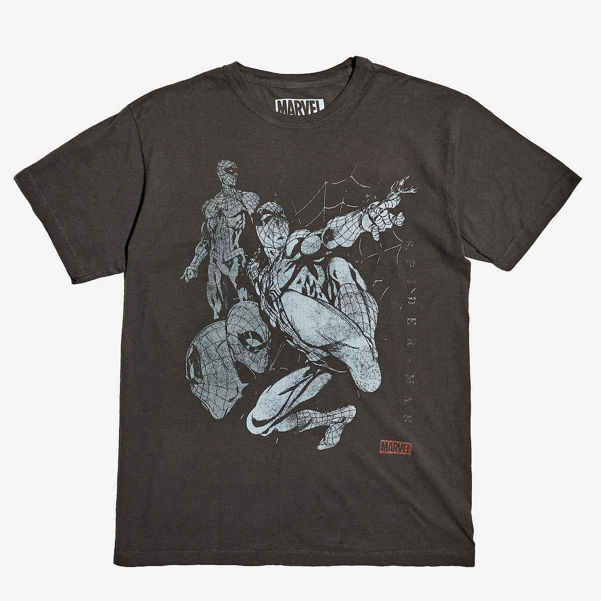 Black t-shirt with Marvels Spider-Man printed in white