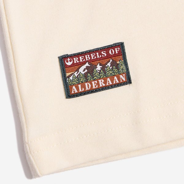 The close up shows a rectangular patch with the words "Rebels of" at the top and "Alderaan" at the bottom. Between the words is a small picture of a forest and mountains.