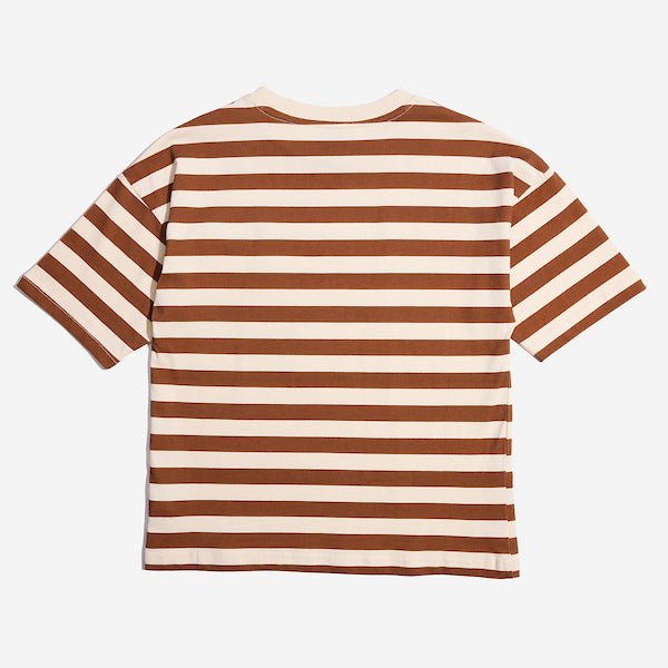 Photo shows the back of a t-shirt with white and orange horizontal stripes.