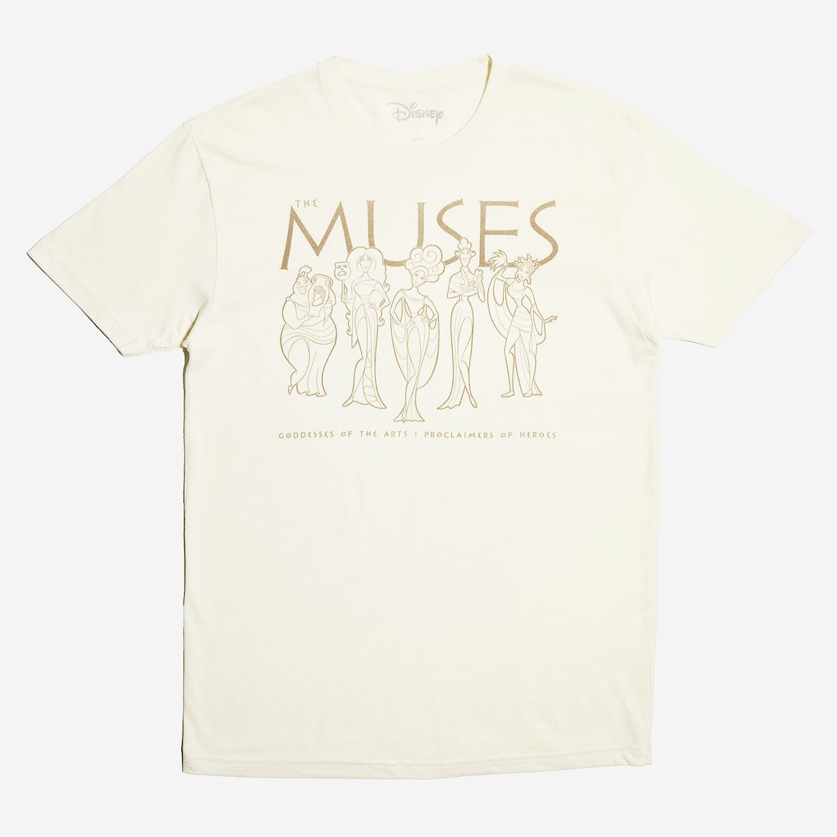 Cream T-shirt with graphic drawings of five characters and text reading "THE MUSES."