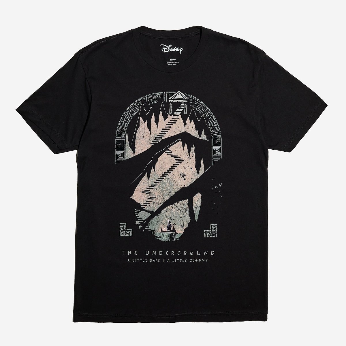 A stylized design of a staircase leading to a temple, with intricate patterns and a boat below