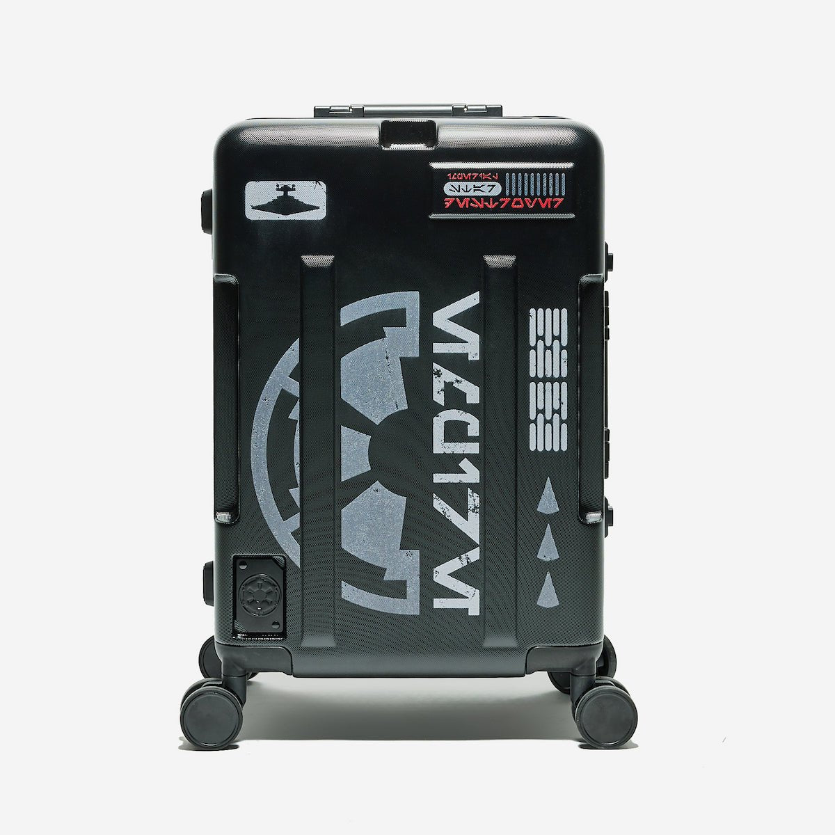 Black suitcase with Star Wars Imperial branding on a white background