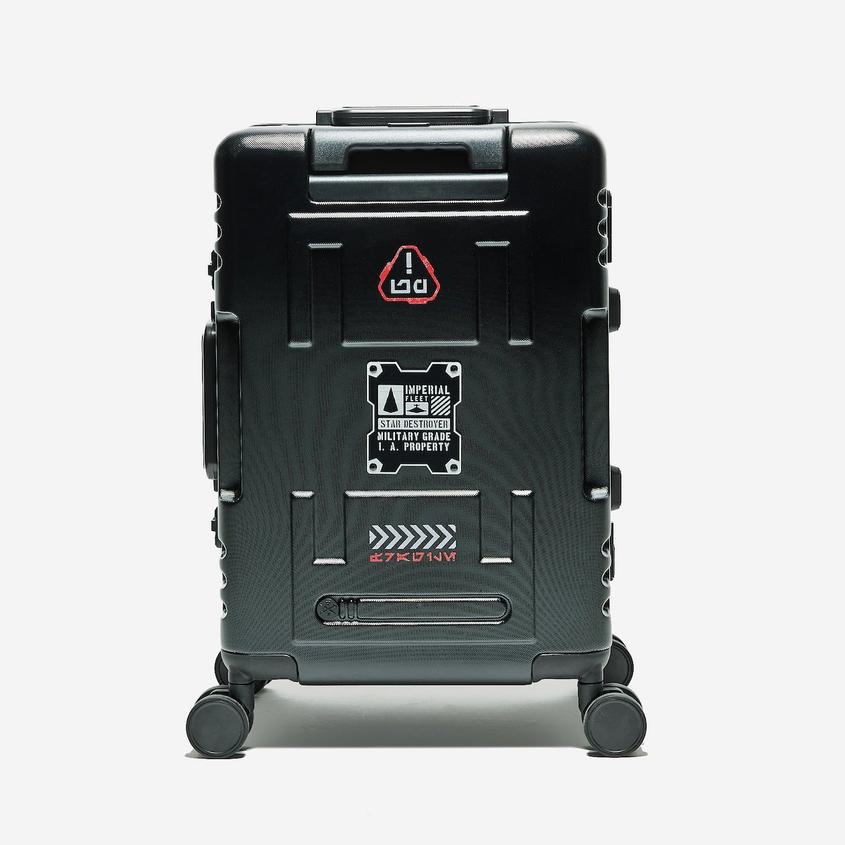 Black suitcase with Star Wars Imperial branding on a white background