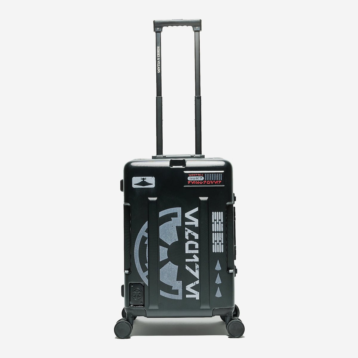 Black suitcase with 'Tie Fighter' branding on a white background