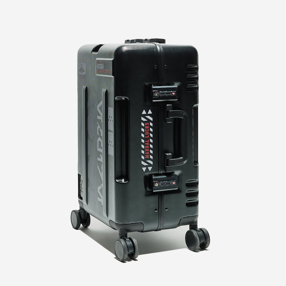 Black suitcase with visible brand logo on a white background