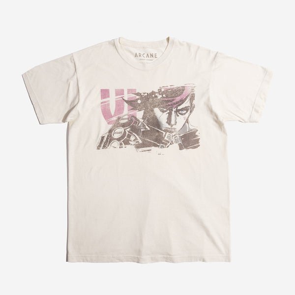 White Tee Featuring Faded Graphic of Vi from Arcane
