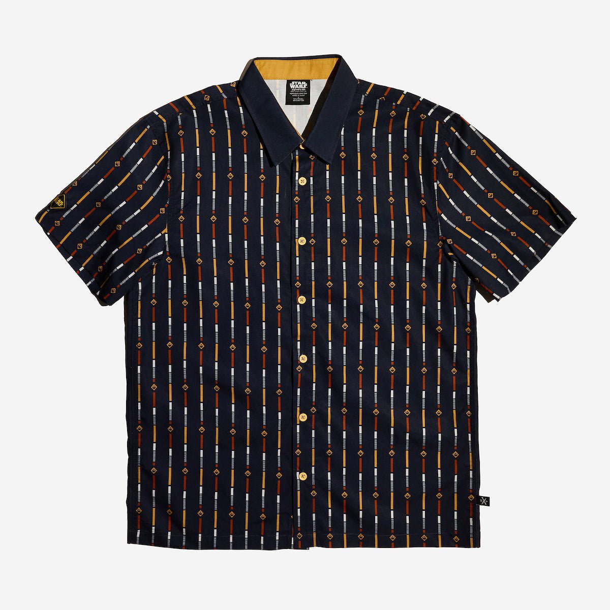 A button up navy shirt with a star wars rebel motif in a striped pattern
