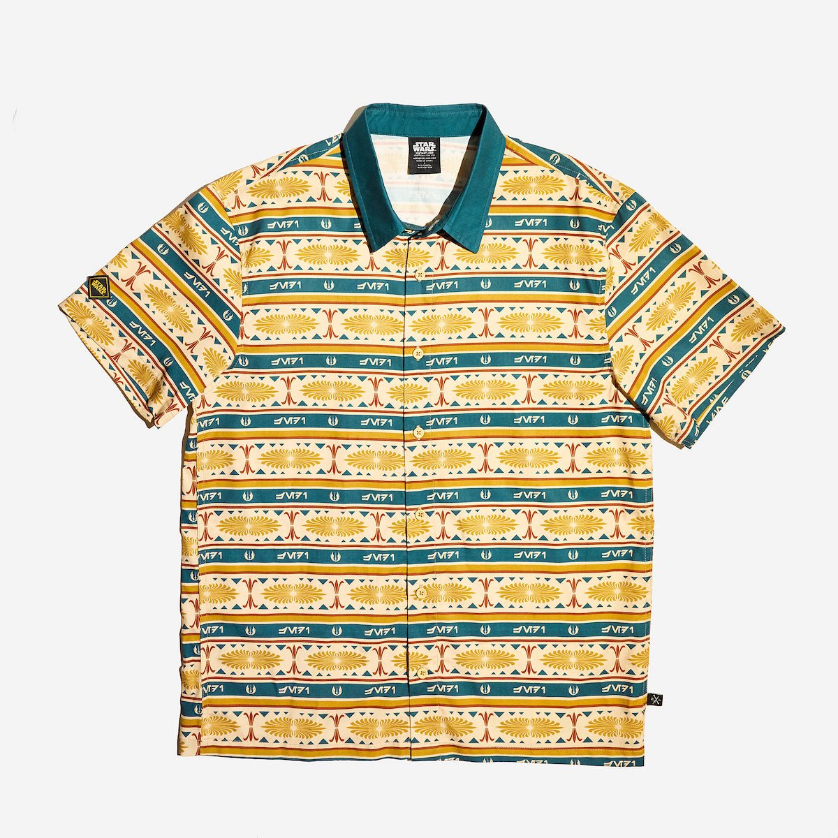 A button up yellow and teal shirt with a star wars jedi motif in a striped pattern