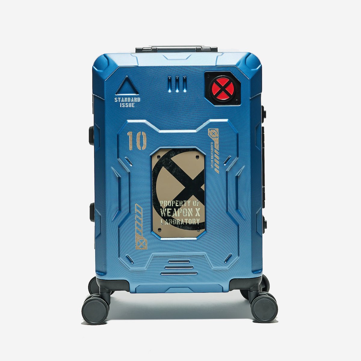 Blue suitcase with an X-Men Weapon X Design on a white background