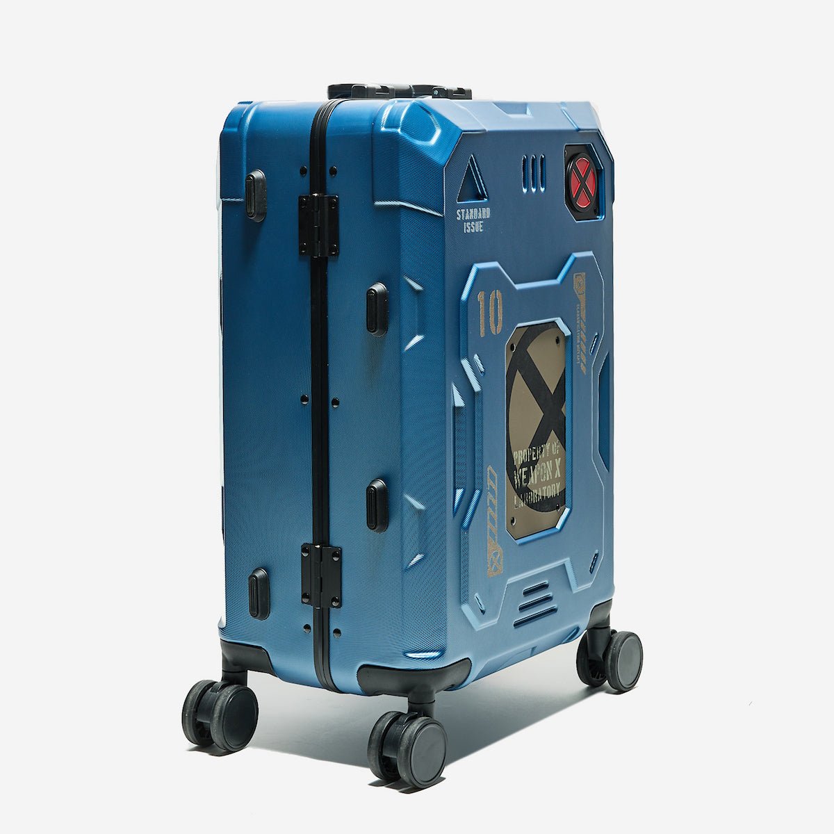 Blue suitcase with geometric design on a white background