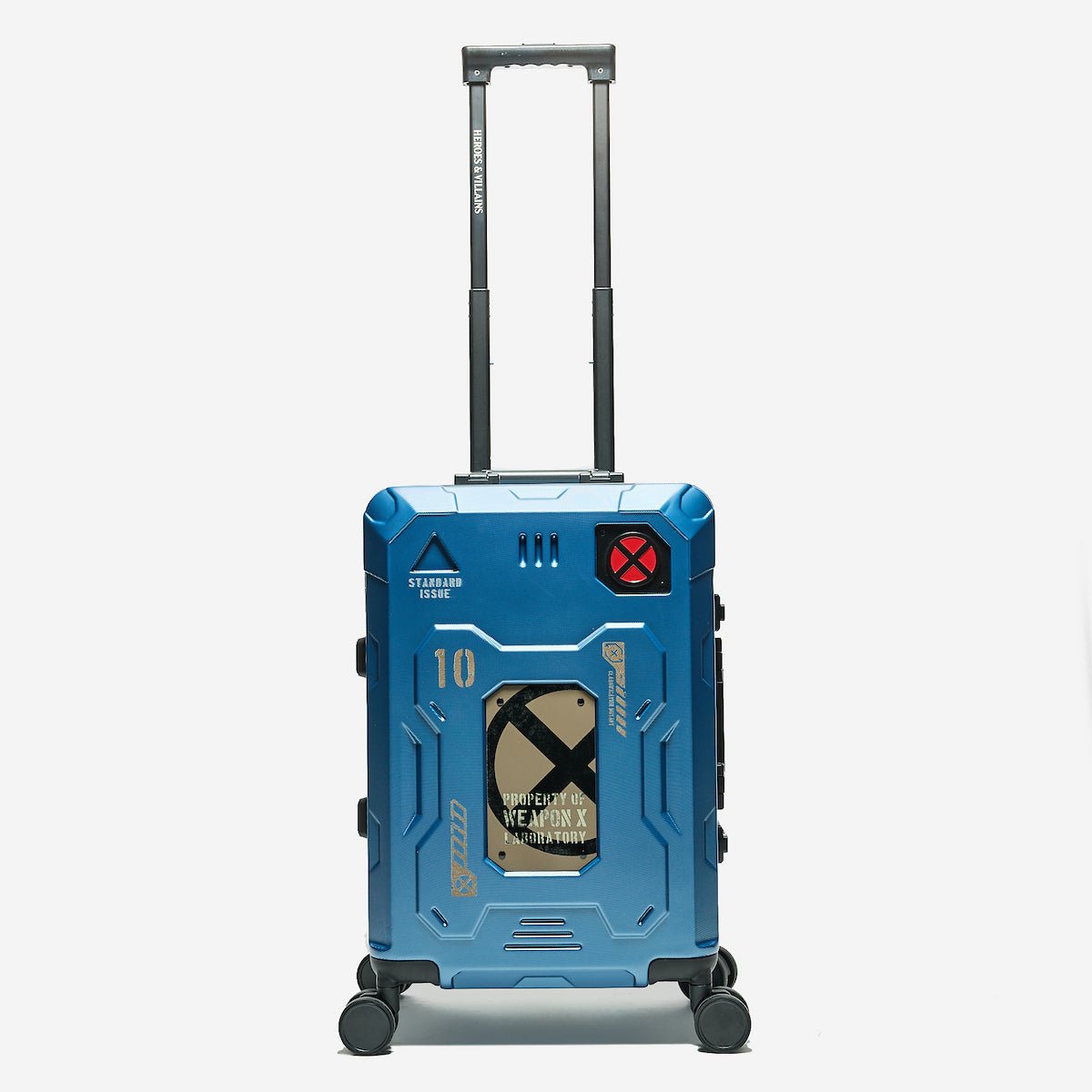 Blue X-Men suitcase with a unique design on a white background