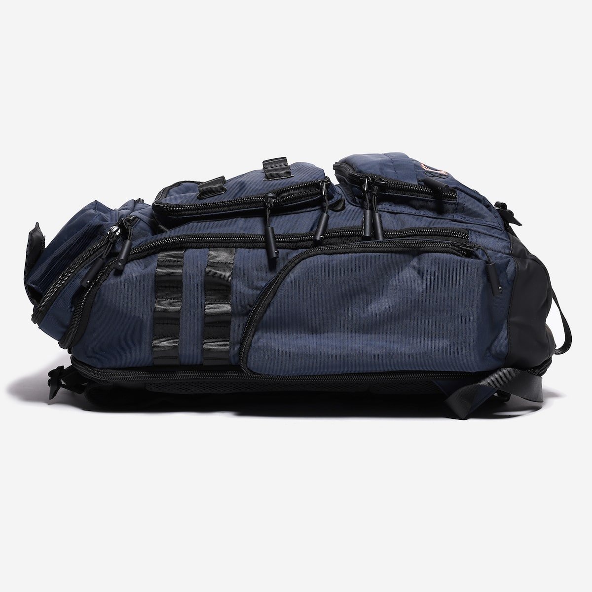 Blue Backpack with black straps on a white background