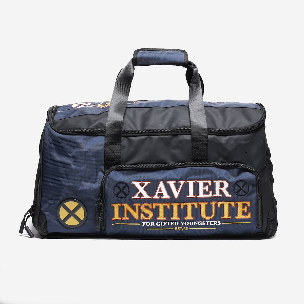 Navy duffel bag with 'Xavier Institute' text and logo on a white background