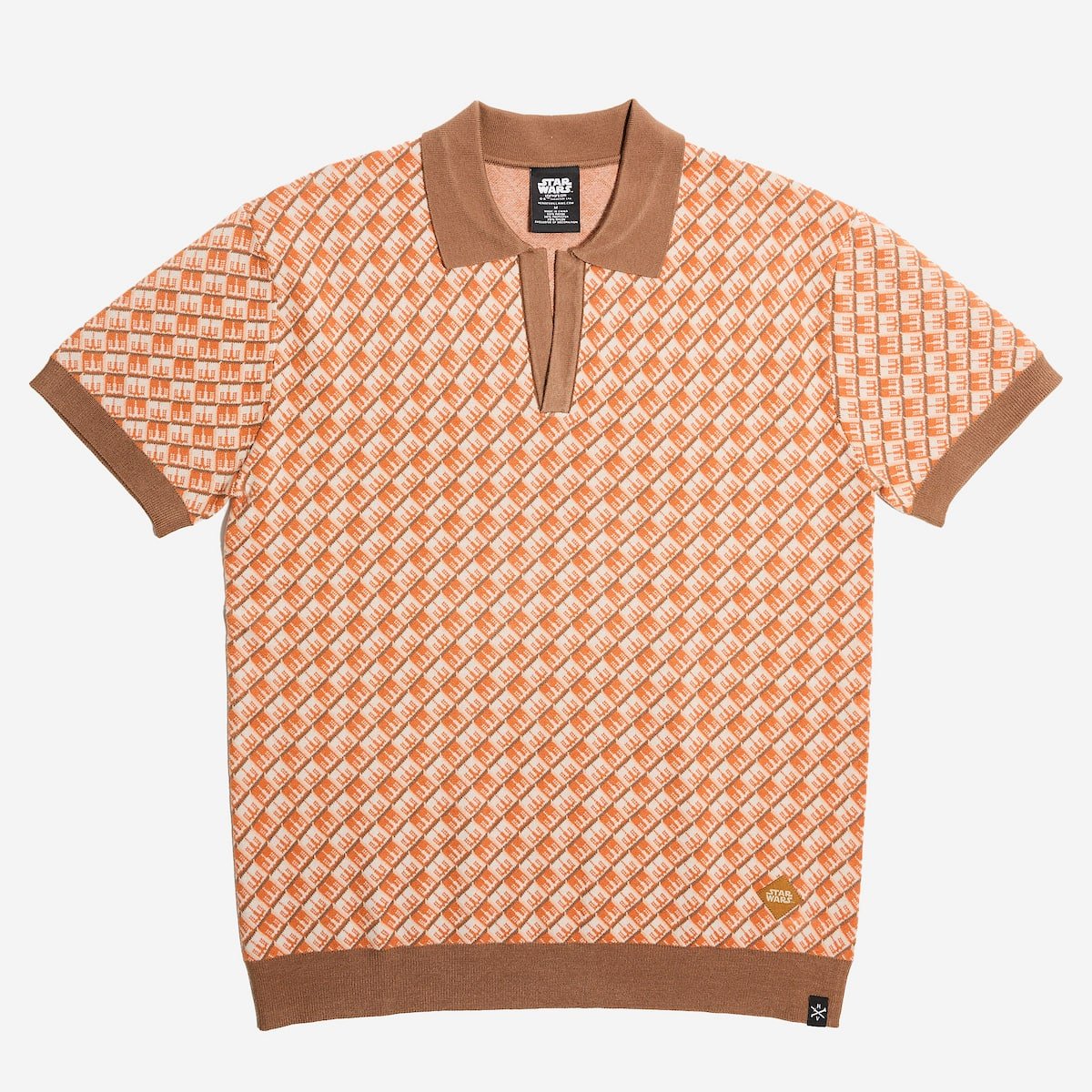 Orange patterned polo shirt with darker orange accents on a white background