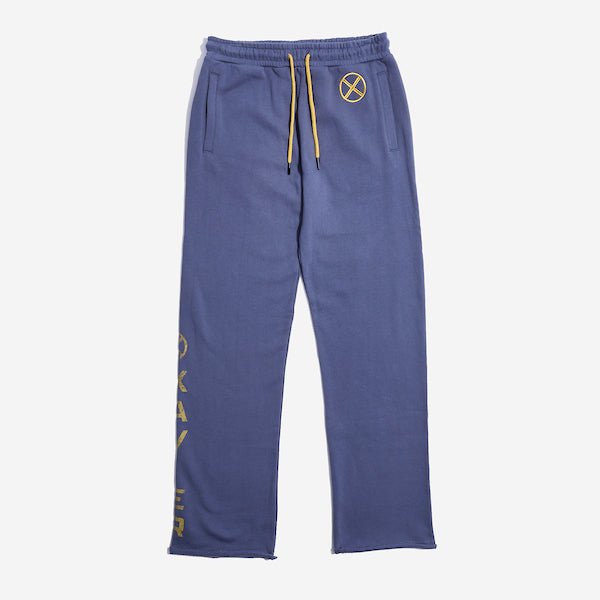 Blue sweatpants with an elastic waistband and yellow drawstring, featuring a small yellow x-men logo near the left pocket and a vertical "Xavier" graphic printed in distressed yellow text along the lower left leg.
