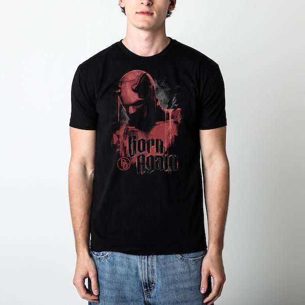 Flat lay of Marvel Daredevil The Masked Man black t-shirt with comic-style artwork