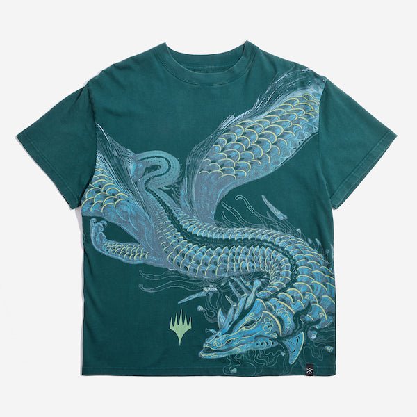 Front view of Magic: The Gathering Dragonstorm Teval Grail Premium dark green t-shirt