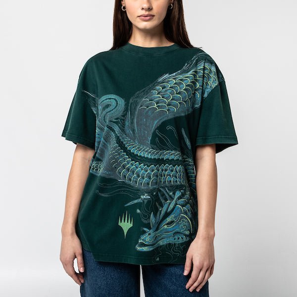 Model wearing Dragonstorm Teval Grail Premium dark green Magic: The Gathering t-shirt