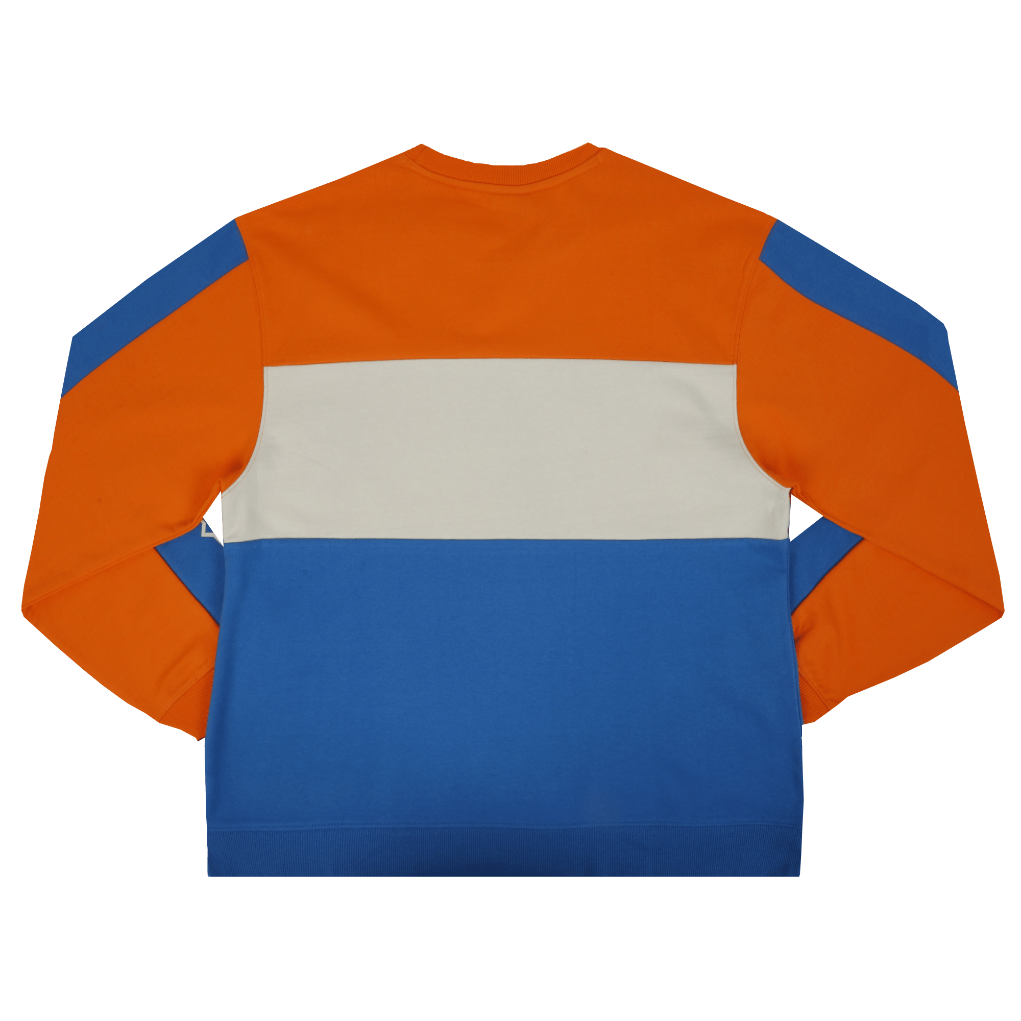 332 Company Colorblock Sweatshirt with long sleeves, ribbed crew neck, and colorblock design in orange, white, and blue.