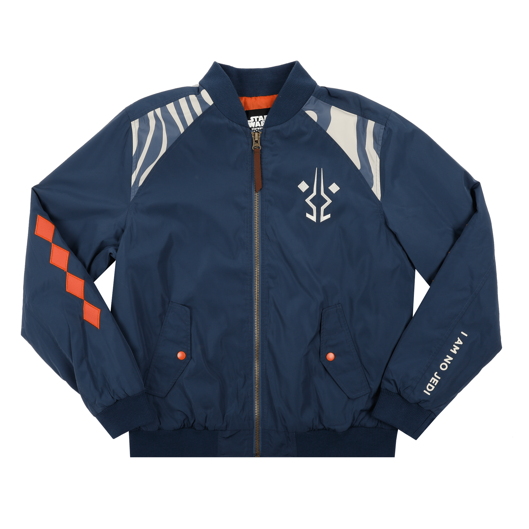 Ahsoka Bomber Jacket with embroidered emblem, zip front, ribbed collar, cuffs, hem, and two flap-snap pockets.