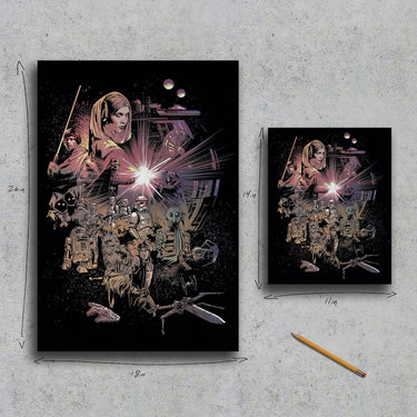 Two Canvas prints depicting a scene with characters and machinery on a textured gray surface.