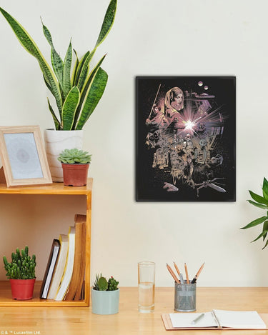 Collage of Star Wars characters and scenes from A New Hope with a central explosion effect on a white wall behind a desk