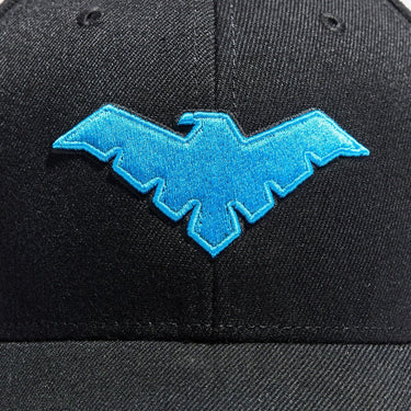 Close up of Blue Nightwing logo embroidered into a black hat