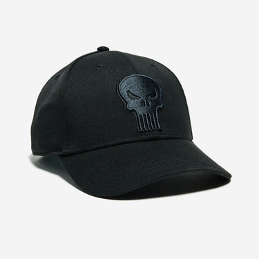 Black Flex Fit Hat with Marvels The Punisher Skull Logo in black 